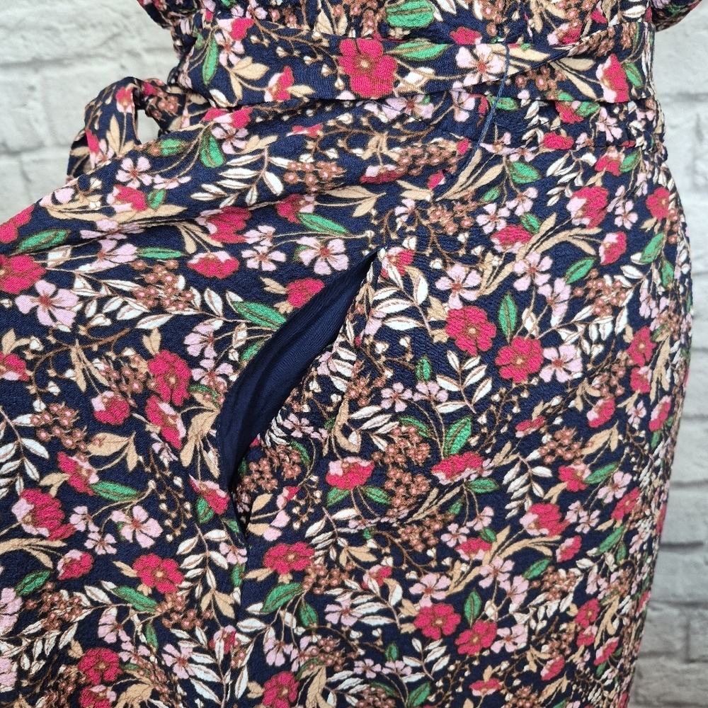 Draper James Dress Navy Floral Ruffle Sleeves Tie Belt Smocked Top Women's Sz XL - Picture 7 of 10